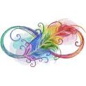 Infinity rainbow feathers embroidery design preview showcasing vibrant colors and detailed stitching.