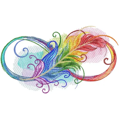 Infinity rainbow feathers embroidery design preview showcasing vibrant colors and detailed stitching.