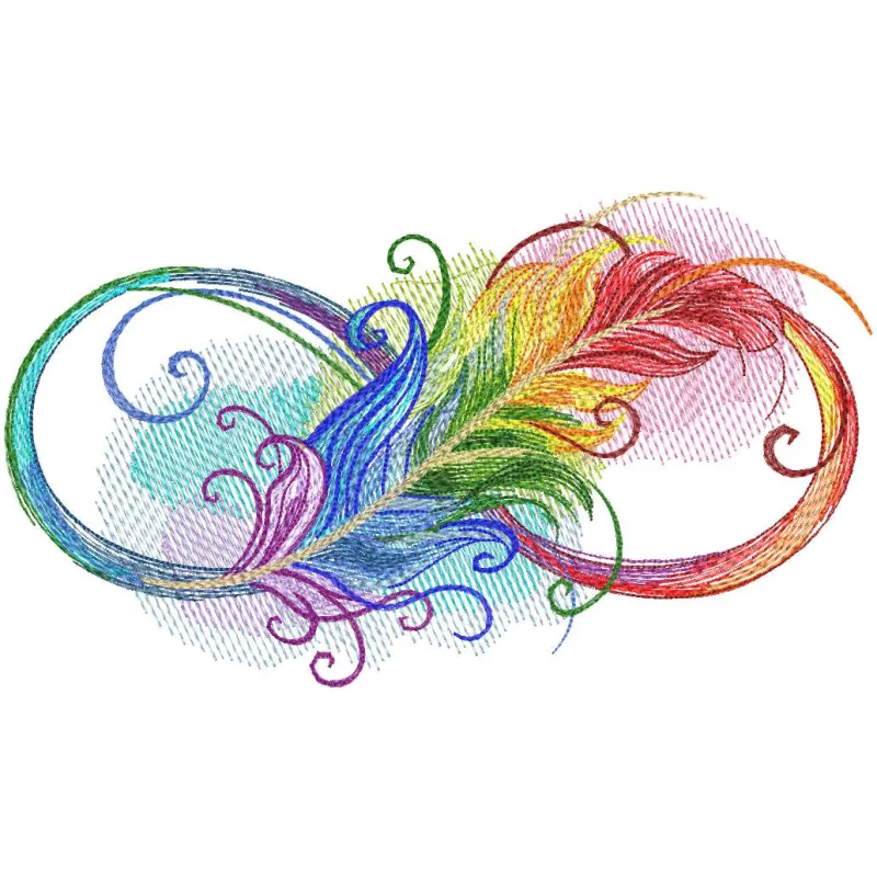 Infinity rainbow feathers embroidery design preview showcasing vibrant colors and detailed stitching.