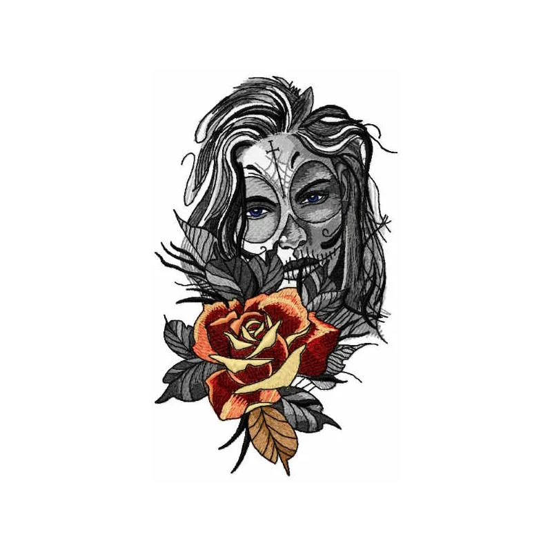 Greyscale sugar girl rose embroidery design preview showcasing intricate details and vibrant contrast.