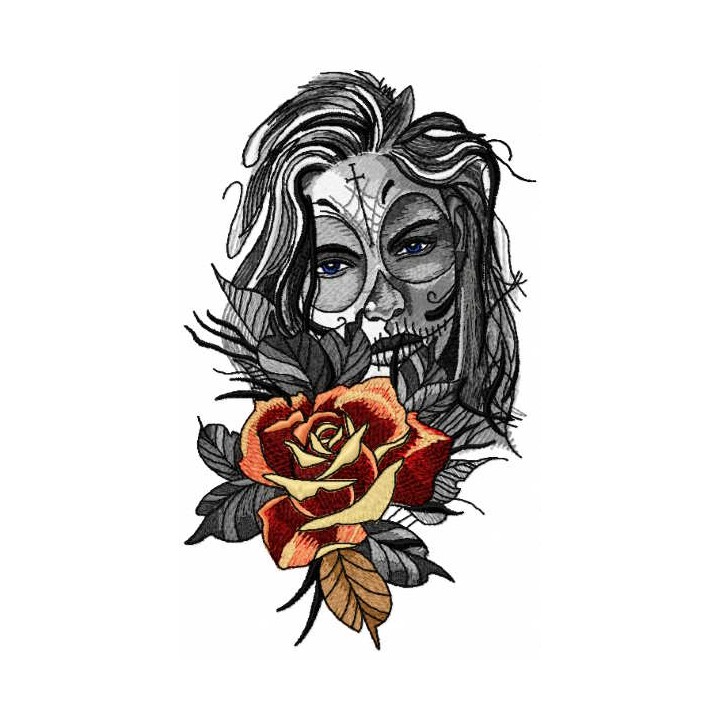 Greyscale sugar girl rose embroidery design - Embroidery Design