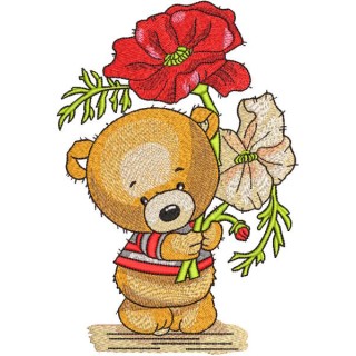 Bear collected big poppies embroidery design - Embroidery Design
