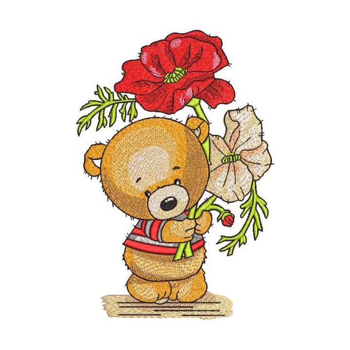 Bear collected big poppies embroidery design - Embroidery Design