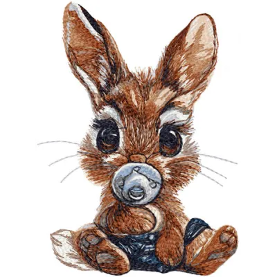 Bunny with rubber pacifier embroidery design preview, showcasing detailed stitching and vibrant colors.