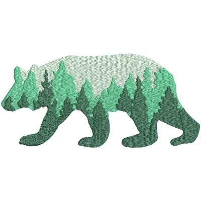 Walking forest bear embroidery design preview showcasing detailed stitching and vibrant colors.