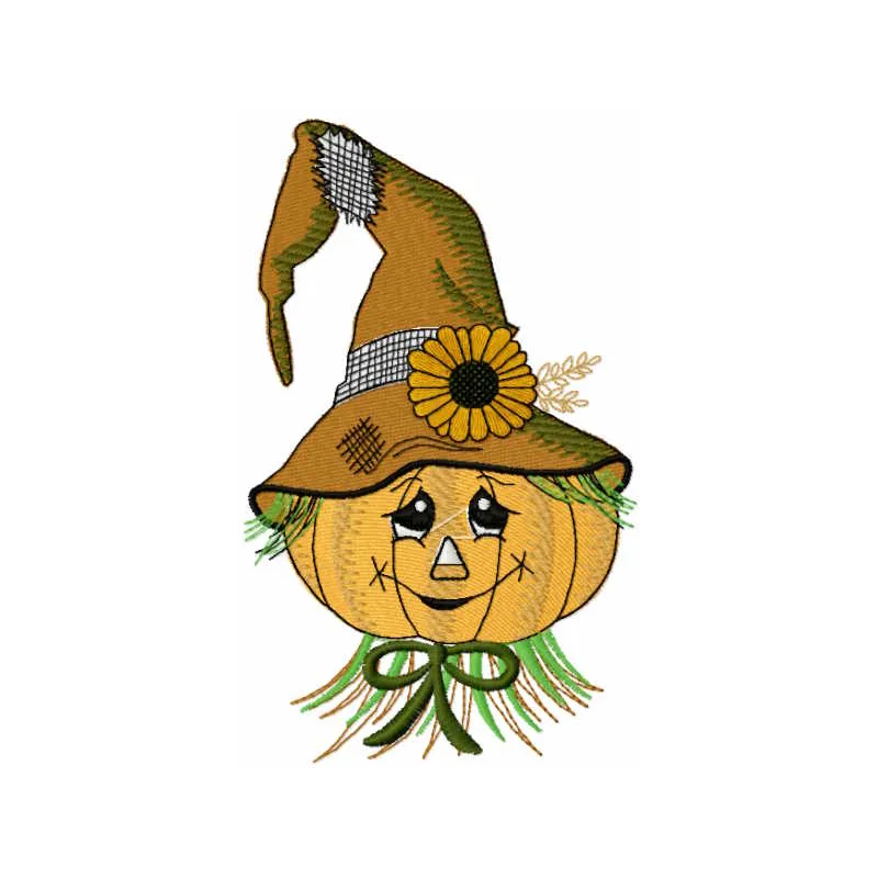 Scarecrow Pumpkin embroidery design preview showcasing vibrant colors and detailed stitching.