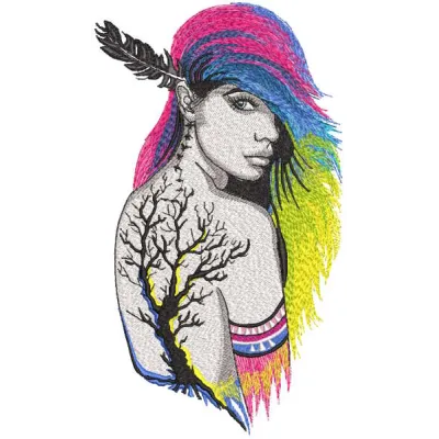 Boho rainbow tattoo girl embroidery design preview showcasing vibrant colors and detailed stitching.