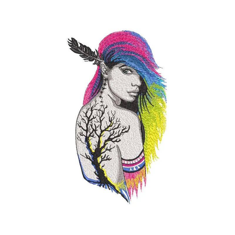 Boho rainbow tattoo girl embroidery design preview showcasing vibrant colors and detailed stitching.