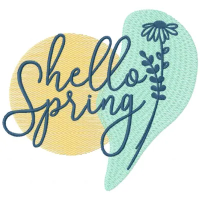 Hello spring pastel art embroidery design preview showcasing vibrant colors and detailed stitching.
