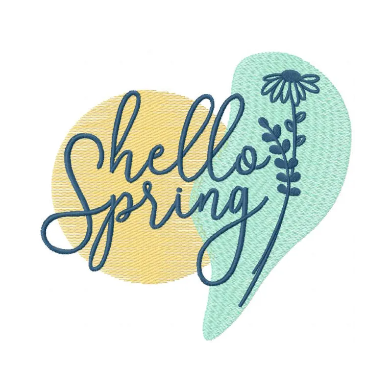 Hello spring pastel art embroidery design preview showcasing vibrant colors and detailed stitching.
