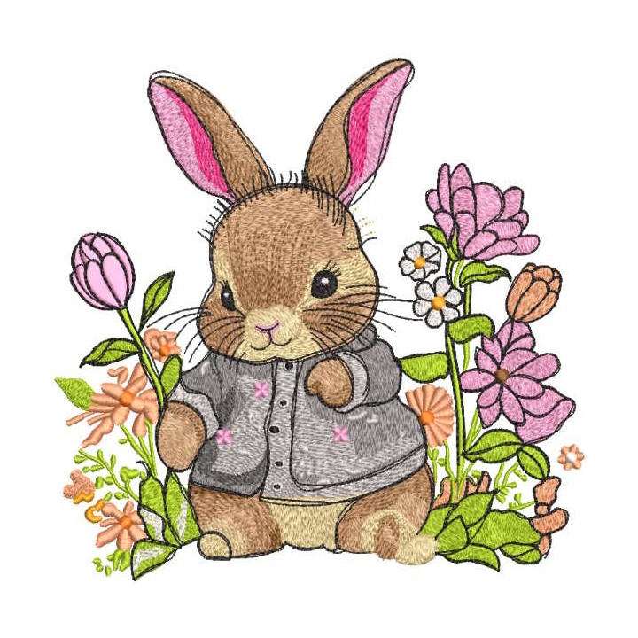 Baby bunny among forest flowers embroidery design - Embroidery Design
