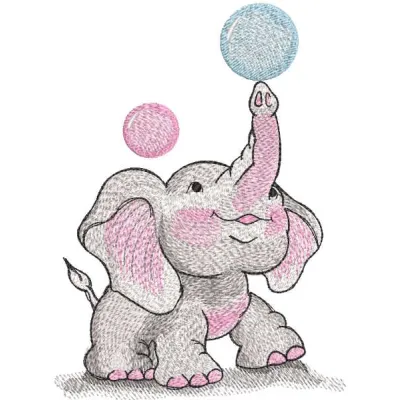 Baby elephant juggling balls embroidery design preview. Filename: baby elephant juggling balls embroidery design.