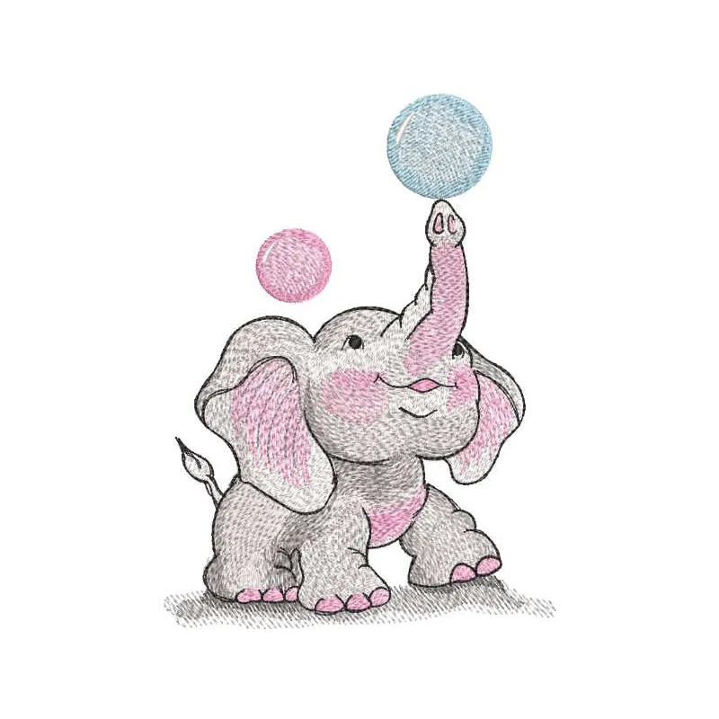 Baby elephant juggling balls embroidery design preview. Filename: baby elephant juggling balls embroidery design.