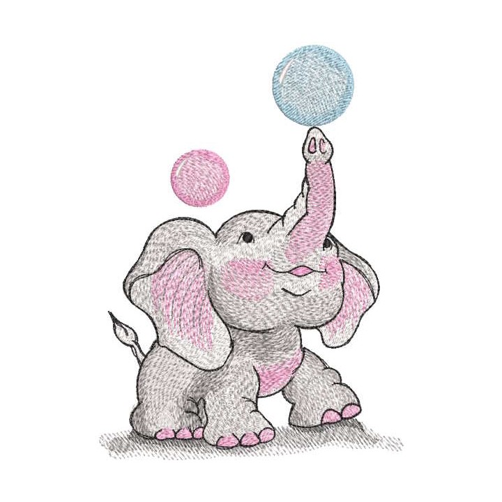 Baby elephant juggling balls embroidery design - Embroidery Design