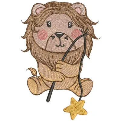 Lion with fishing rod catching star embroidery design preview. Filename hint: lion with fishing rod catching star embroidery…