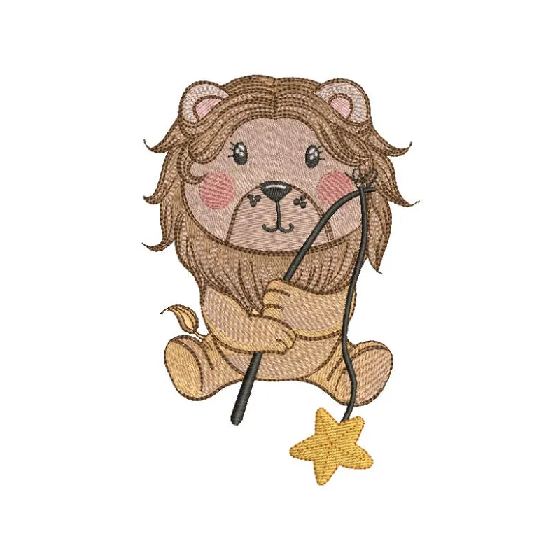 Lion with fishing rod catching star embroidery design preview. Filename hint: lion with fishing rod catching star embroidery…