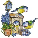 Chickadees bright birdhouses and clay pot of flowers embroidery design preview.