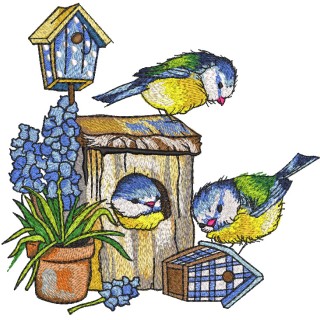 Chickadees bright birdhouses and clay pot of flowers embroidery design - Embroidery Design