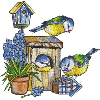 Chickadees bright birdhouses and clay pot of flowers embroidery design preview.