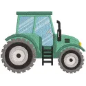 Green tractor embroidery design preview showcasing detailed stitching and vibrant colors.