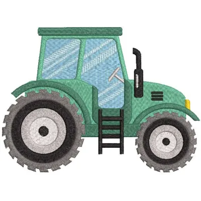 Green tractor embroidery design preview showcasing detailed stitching and vibrant colors.