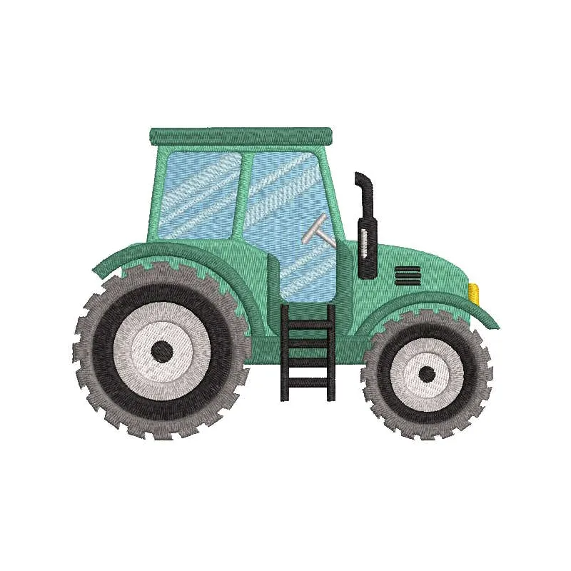 Green tractor embroidery design preview showcasing detailed stitching and vibrant colors.