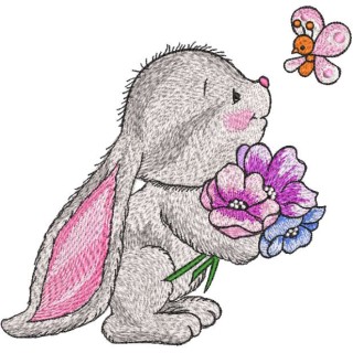 Bunny with bouquet of flowers looks at butterfly embroidery design - Embroidery Design