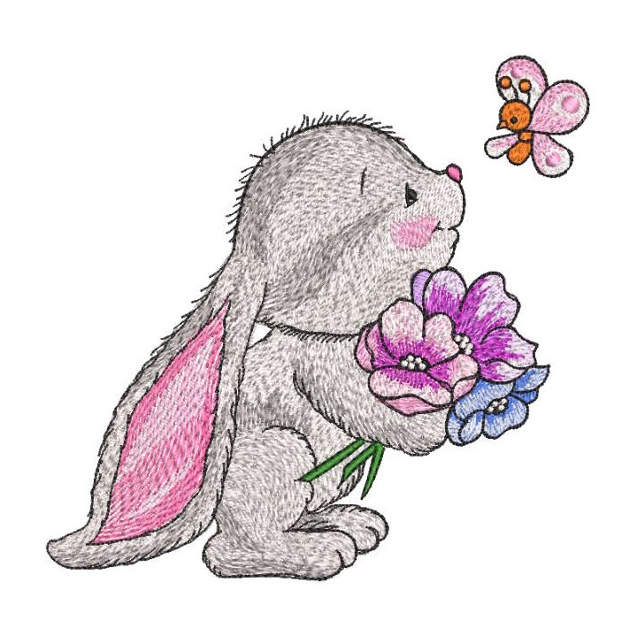 Bunny with bouquet of flowers looks at butterfly embroidery design - Embroidery Design