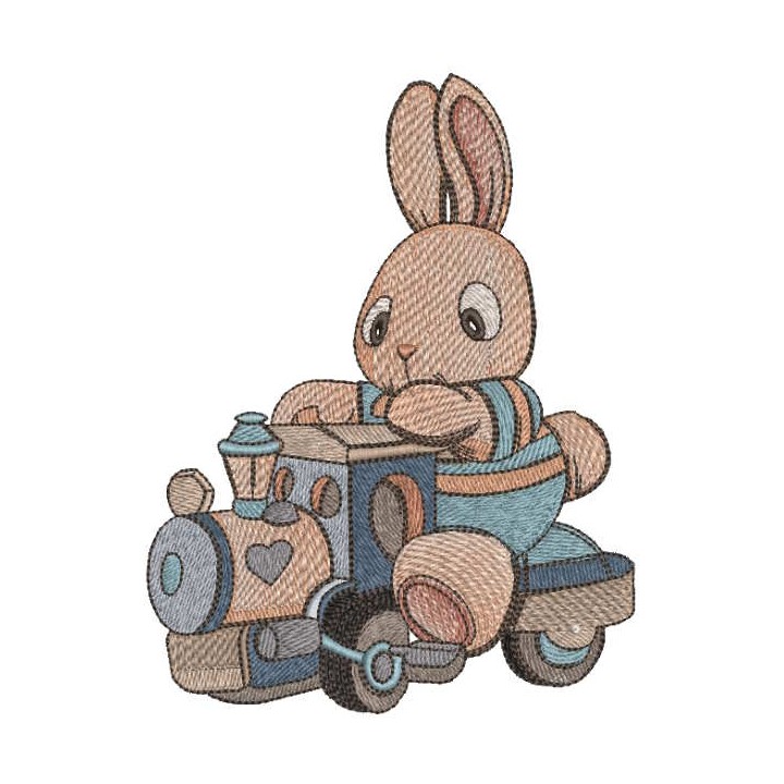 Bunny toy on a train embroidery design - Embroidery Design