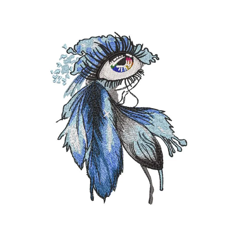 Rainbow female eye framed by feathers embroidery design preview for machine embroidery.