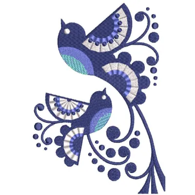 Two ethnic birds embroidery design preview showcasing intricate details and vibrant colors.