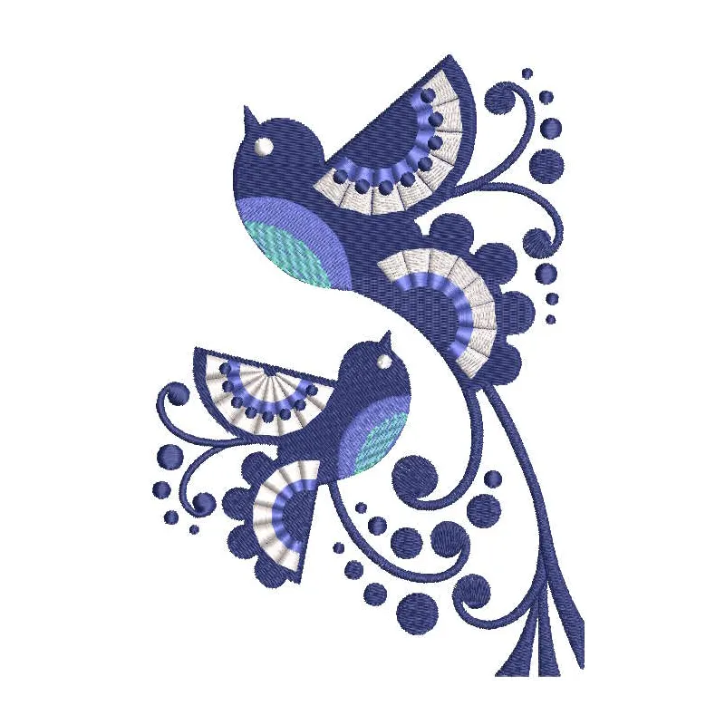Two ethnic birds embroidery design preview showcasing intricate details and vibrant colors.