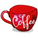 Red coffee cup embroidery design preview showcasing a vibrant kitchen theme. Filename: red coffee cup embroidery design.