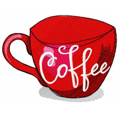 Red coffee cup embroidery design preview showcasing a vibrant kitchen theme. Filename: red coffee cup embroidery design.