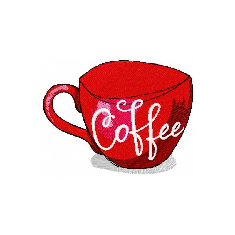 Red coffee cup embroidery design preview showcasing a vibrant kitchen theme. Filename: red coffee cup embroidery design.