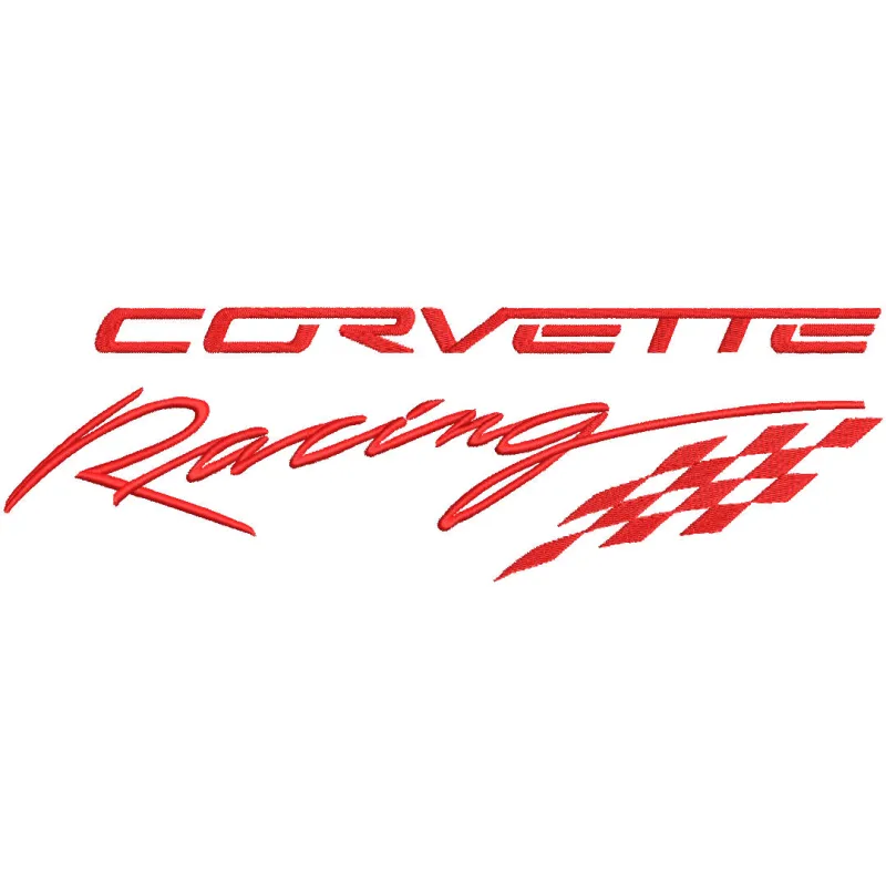 Corvette racing logo embroidery design preview showcasing detailed stitching and vibrant colors.
