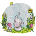Baby elephant on sunny day in nature embroidery design preview showcasing vibrant colors and detailed stitching.