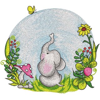 Baby elephant on sunny day in nature embroidery design - Embroidery Design