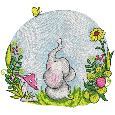 Baby elephant on sunny day in nature embroidery design preview showcasing vibrant colors and detailed stitching.