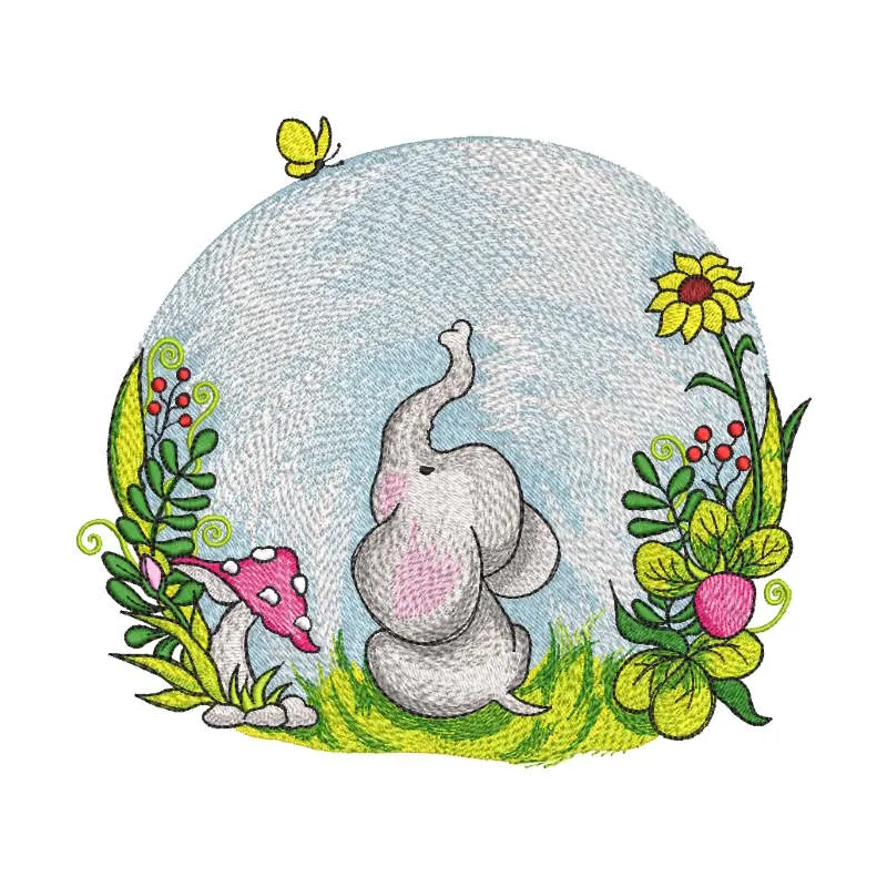 Baby elephant on sunny day in nature embroidery design preview showcasing vibrant colors and detailed stitching.