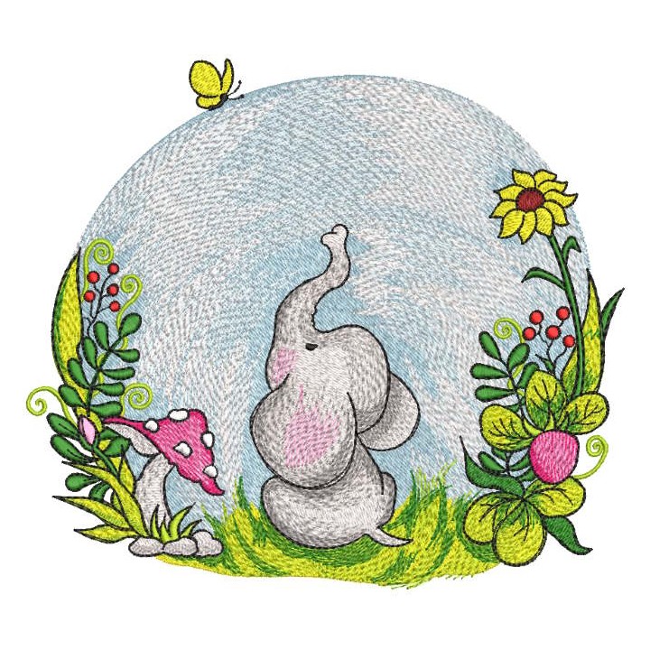 Baby elephant on sunny day in nature embroidery design - Embroidery Design