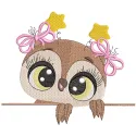 Cute baby girl owl embroidery design preview featuring detailed stitching and vibrant colors.