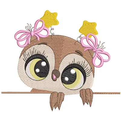 Cute baby girl owl embroidery design preview featuring detailed stitching and vibrant colors.