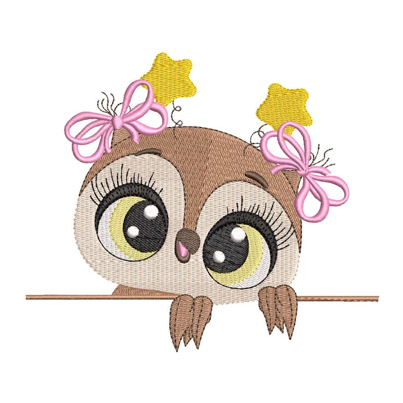 Cute baby girl owl embroidery design preview featuring detailed stitching and vibrant colors.