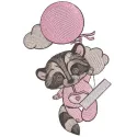 Raccoon in pink pajamas climbs on balloon embroidery design preview. Perfect for woodland animal themes.