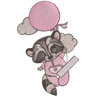 Raccoon in pink pajamas climbs on balloon embroidery design - Embroidery Design