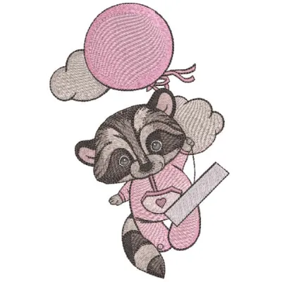 Raccoon in pink pajamas climbs on balloon embroidery design preview. Perfect for woodland animal themes.