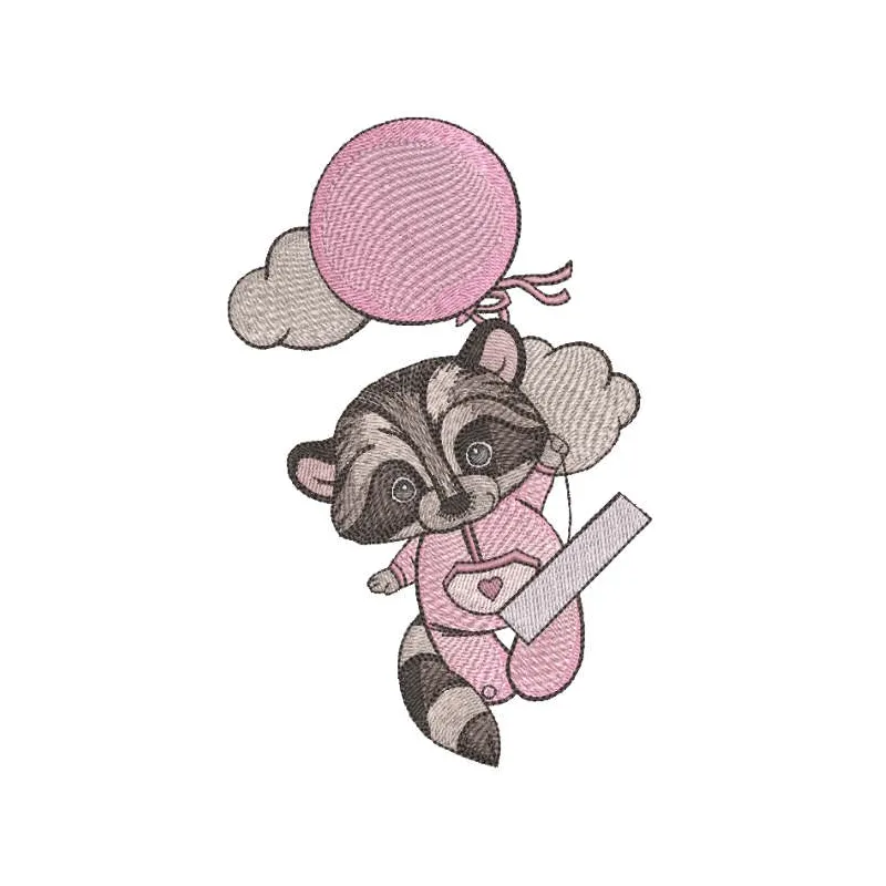 Raccoon in pink pajamas climbs on balloon embroidery design preview. Perfect for woodland animal themes.