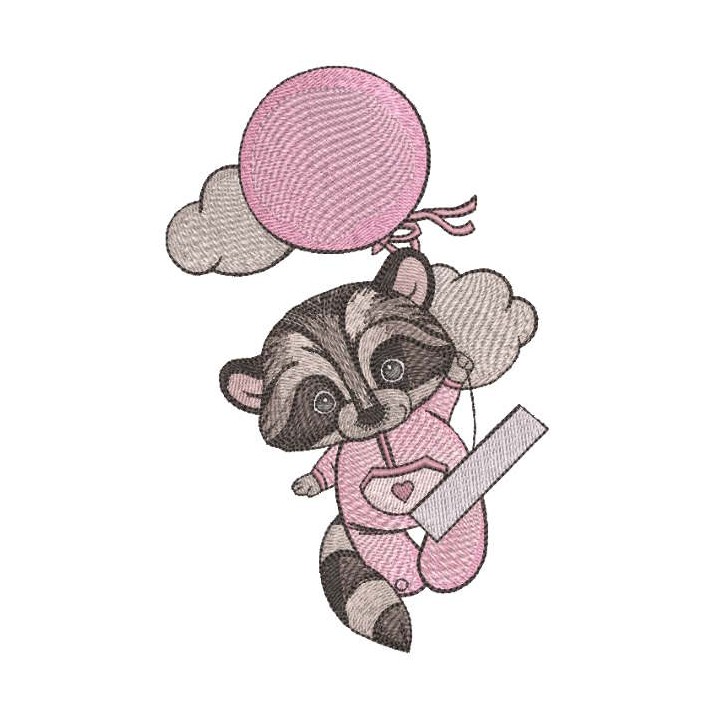 Raccoon in pink pajamas climbs on balloon embroidery design - Embroidery Design