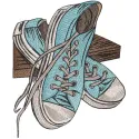 Well worn blue sneakers embroidery design preview showcasing intricate details and vibrant colors.
